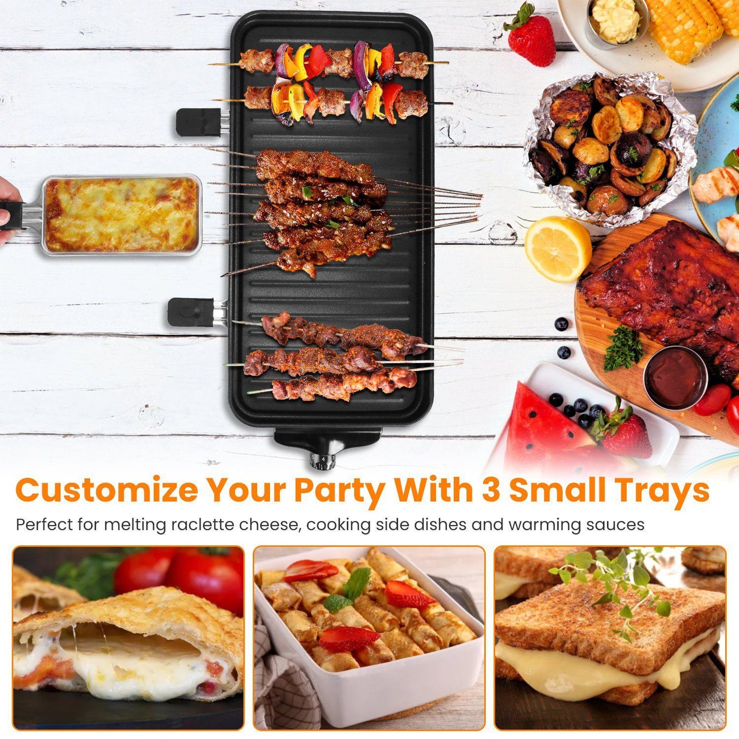 2-IN-1 Electric Grill & Crepe Maker, 2000W Fast Heat 5 Temp Control, 3 Raclette Trays Dishwasher Safe for Indoor Outdoor