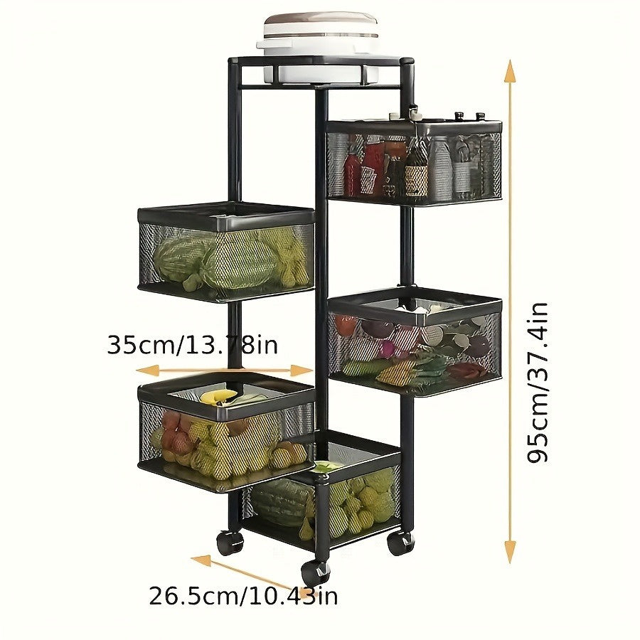 5-Tier Rotating Metal Kitchen Storage Rack & Rolling Utility Trolley
