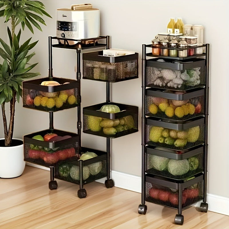 5-Tier Rotating Metal Kitchen Storage Rack & Rolling Utility Trolley