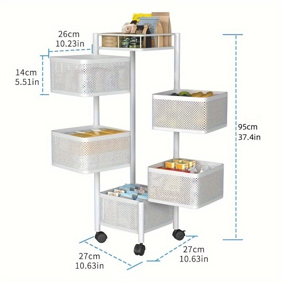 5-Tier Rotating Metal Kitchen Storage Rack & Rolling Utility Trolley