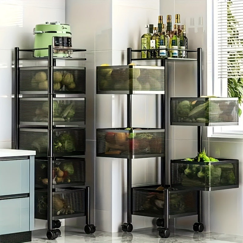 5-Tier Rotating Metal Kitchen Storage Rack & Rolling Utility Trolley