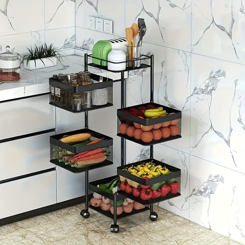 5-Tier Rotating Metal Kitchen Storage Rack & Rolling Utility Trolley