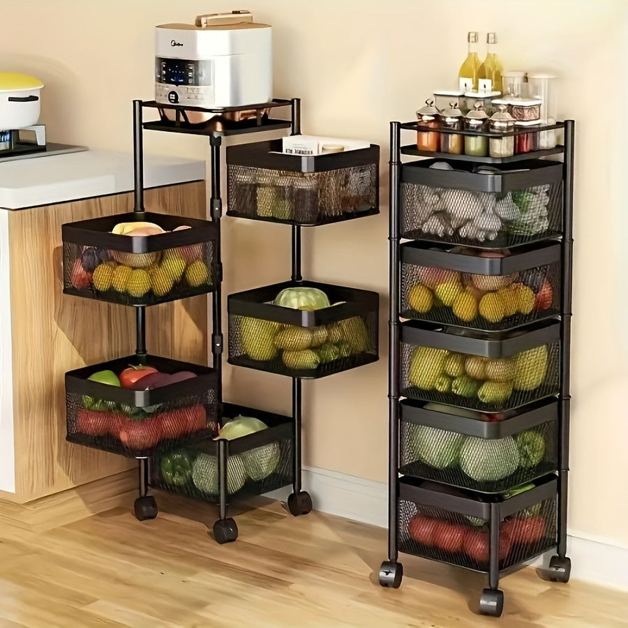 5-Tier Rotating Metal Kitchen Storage Rack & Rolling Utility Trolley