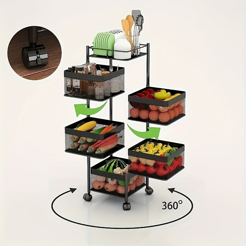 5-Tier Rotating Metal Kitchen Storage Rack & Rolling Utility Trolley