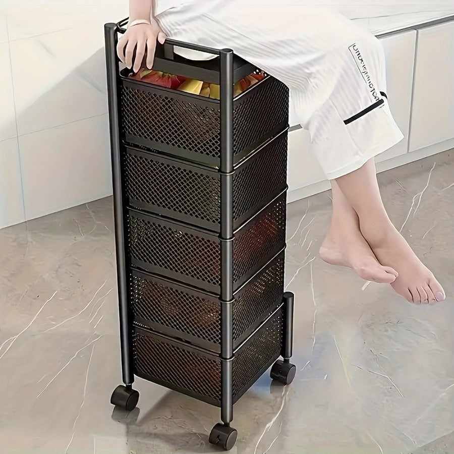 5-Tier Rotating Metal Kitchen Storage Rack & Rolling Utility Trolley