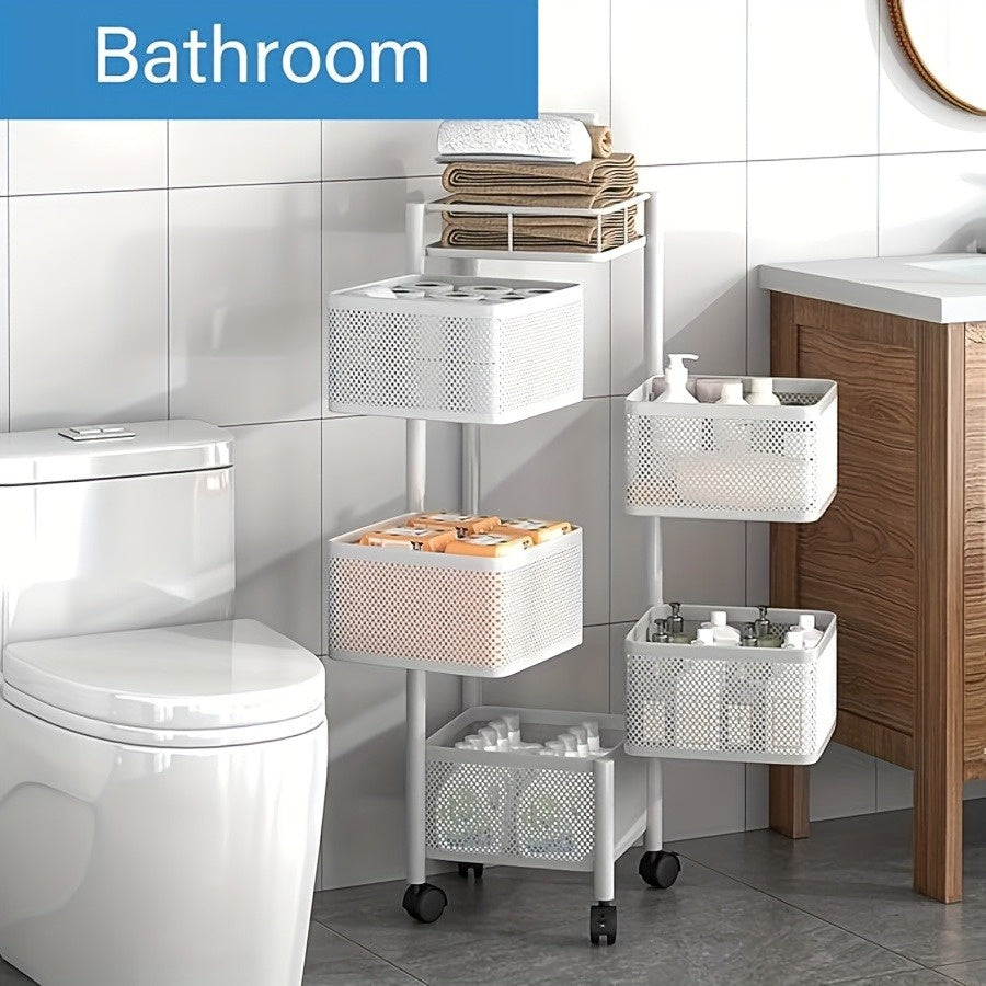 5-Tier Rotating Metal Kitchen Storage Rack & Rolling Utility Trolley