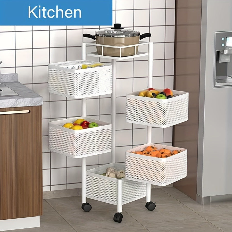 5-Tier Rotating Metal Kitchen Storage Rack & Rolling Utility Trolley