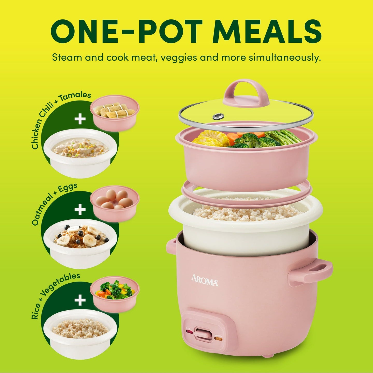 2-Cup Uncooked Rice Cooker & Food Steamer with Bonded Granite® Nonstick Ceramic & Pop-Up Steam Tray - Pink