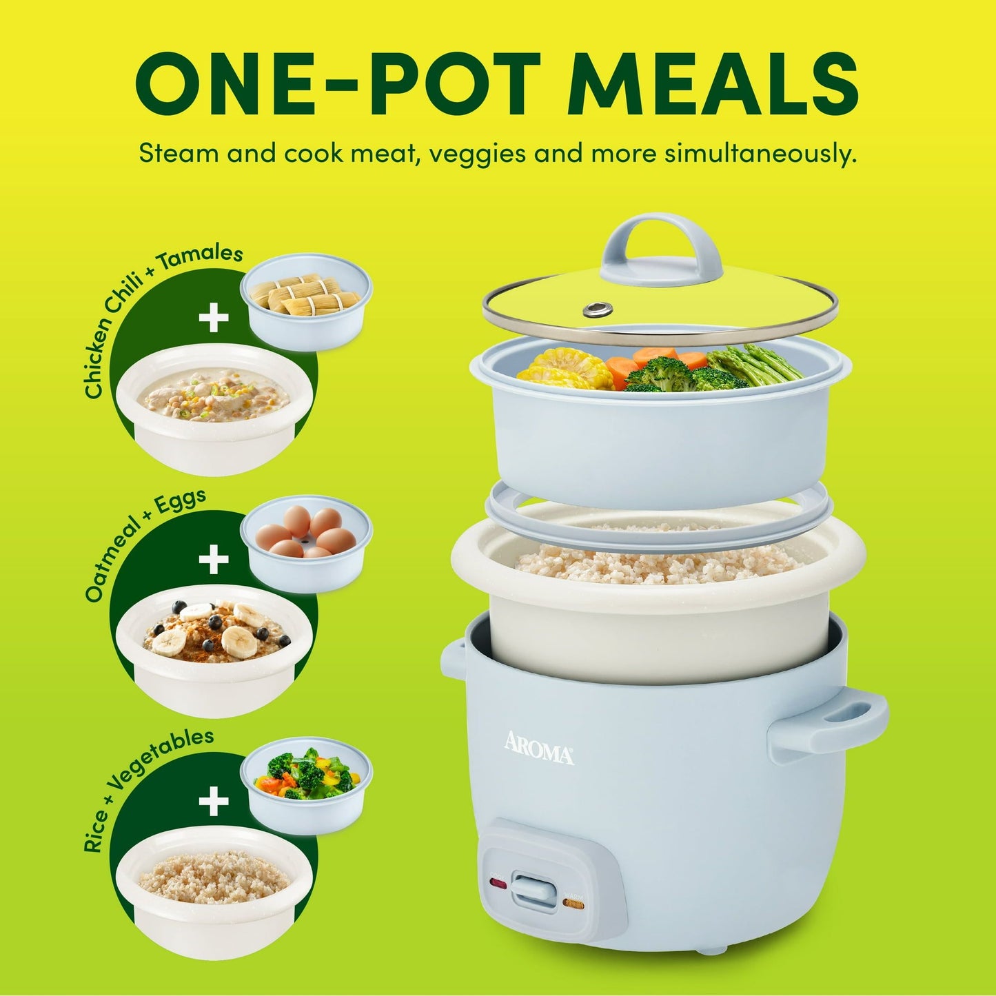 2-Cup Uncooked Rice Cooker & Food Steamer with Bonded Granite® Nonstick Ceramic & Pop-Up Steam Tray - Blue
