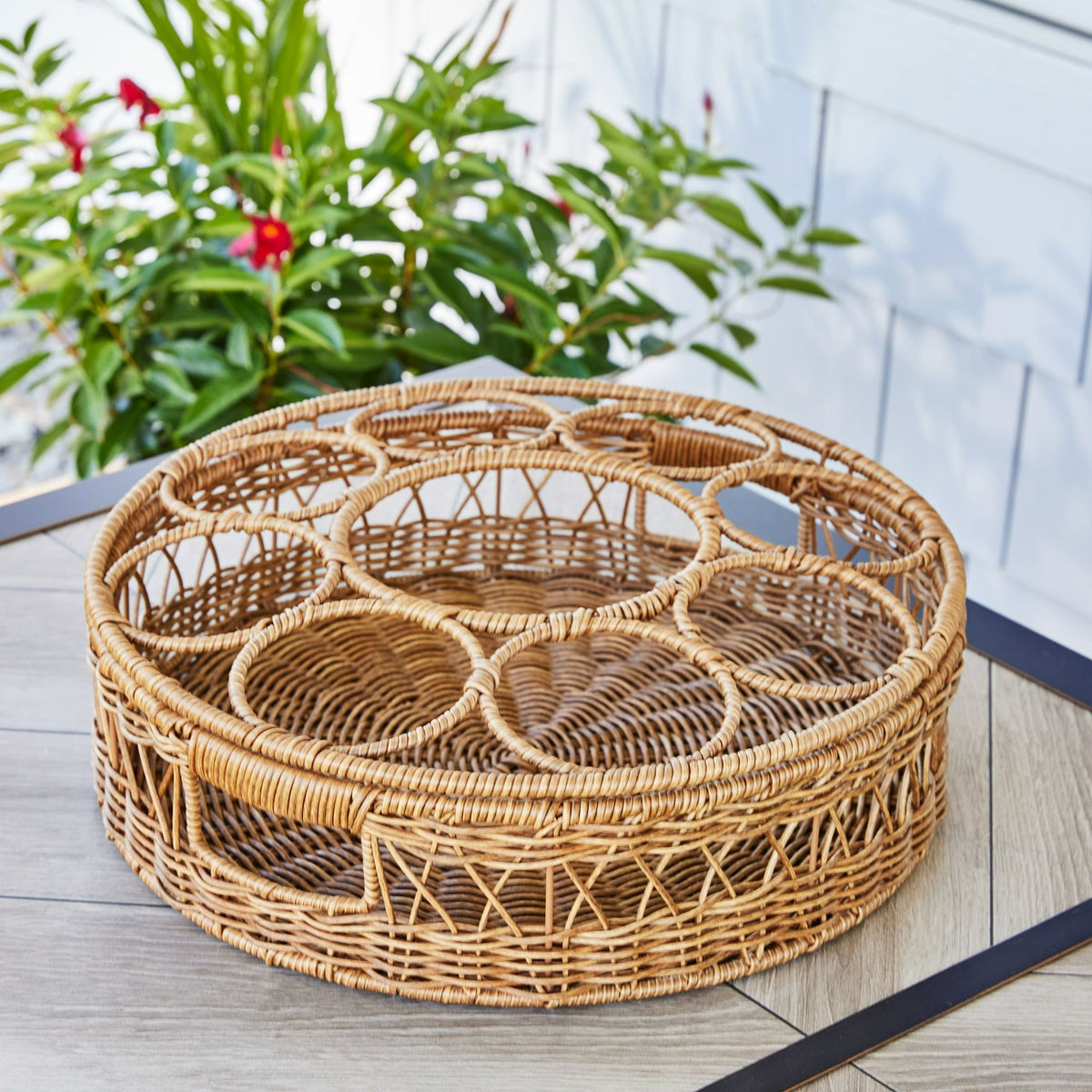 Large Rattan Beverage Tray with Handles | Woven Wicker Serving Tray