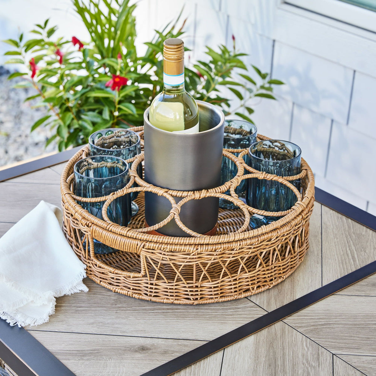 Large Rattan Beverage Tray with Handles | Woven Wicker Serving Tray