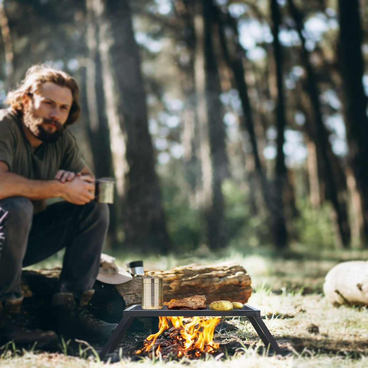 Heavy-Duty Carbon Steel Campfire Grill – 24"x16" with Foldable Legs, Black