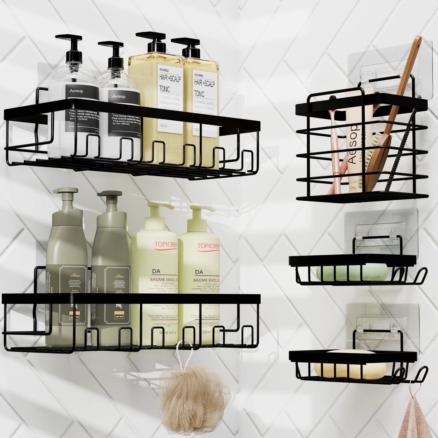 No-Drill Bathroom Organizer Set – Heavy Duty Wall-Mounted Shower Caddy, 5-Pack