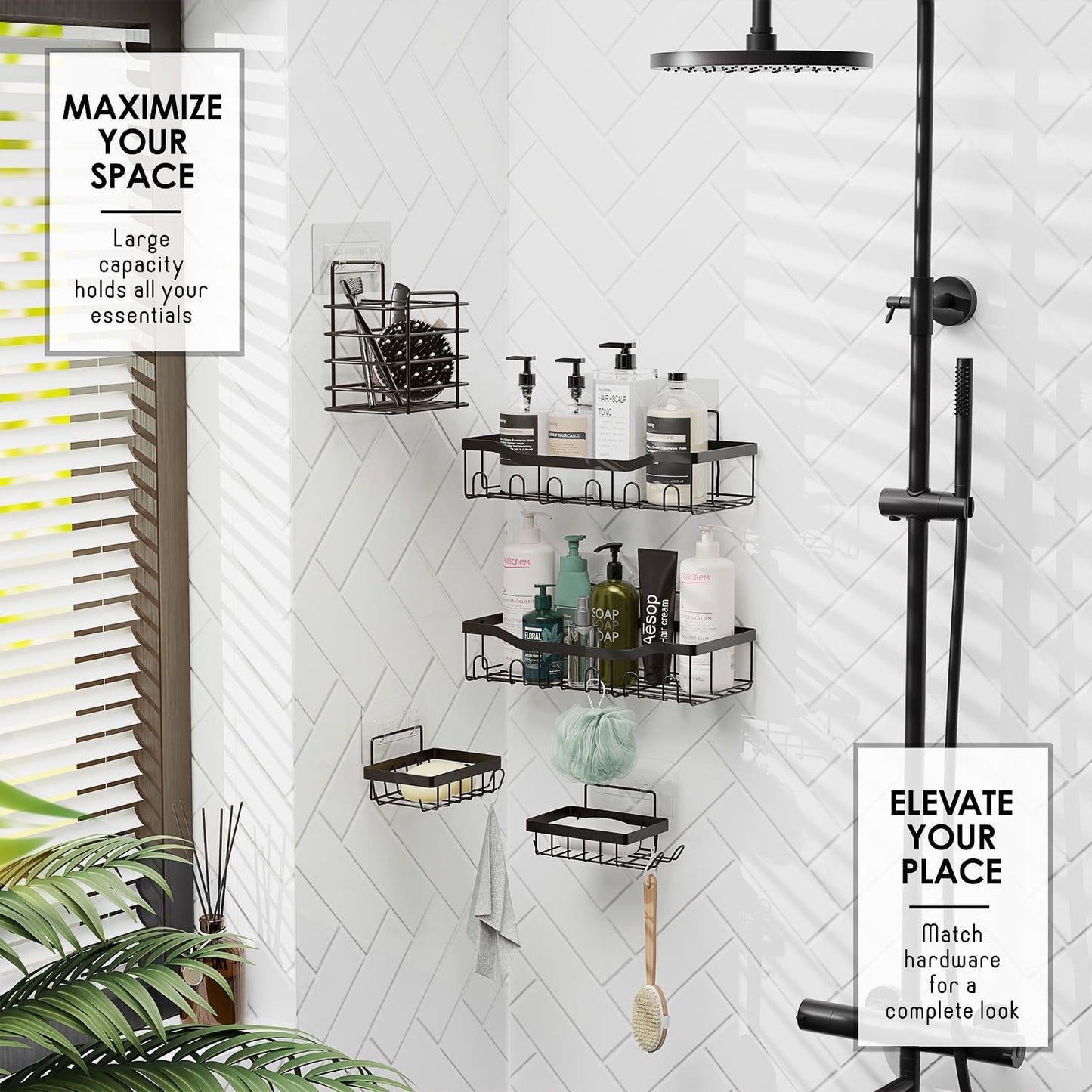 No-Drill Bathroom Organizer Set – Heavy Duty Wall-Mounted Shower Caddy, 5-Pack