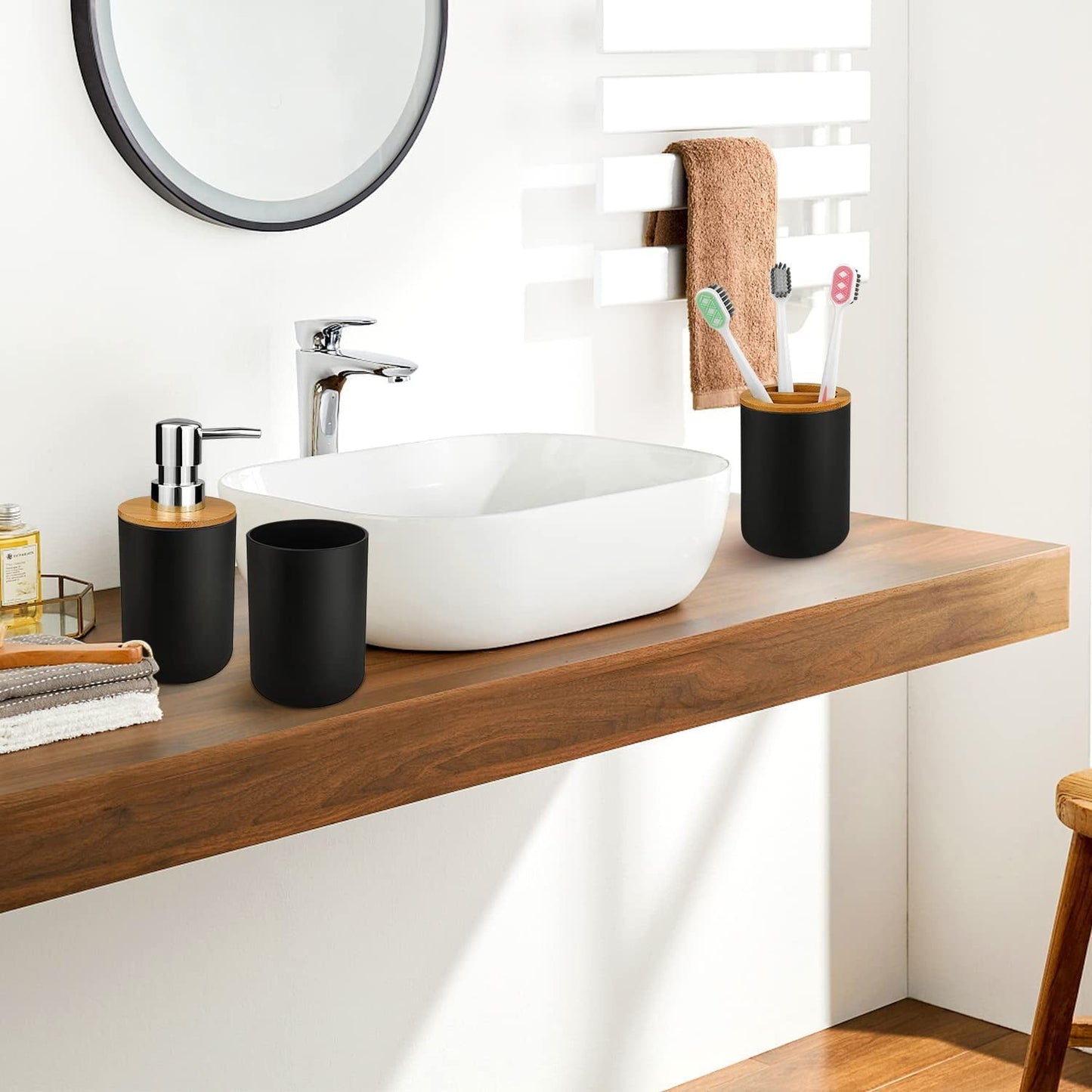 6-Piece Bamboo & Plastic Bathroom Accessory Set – Black