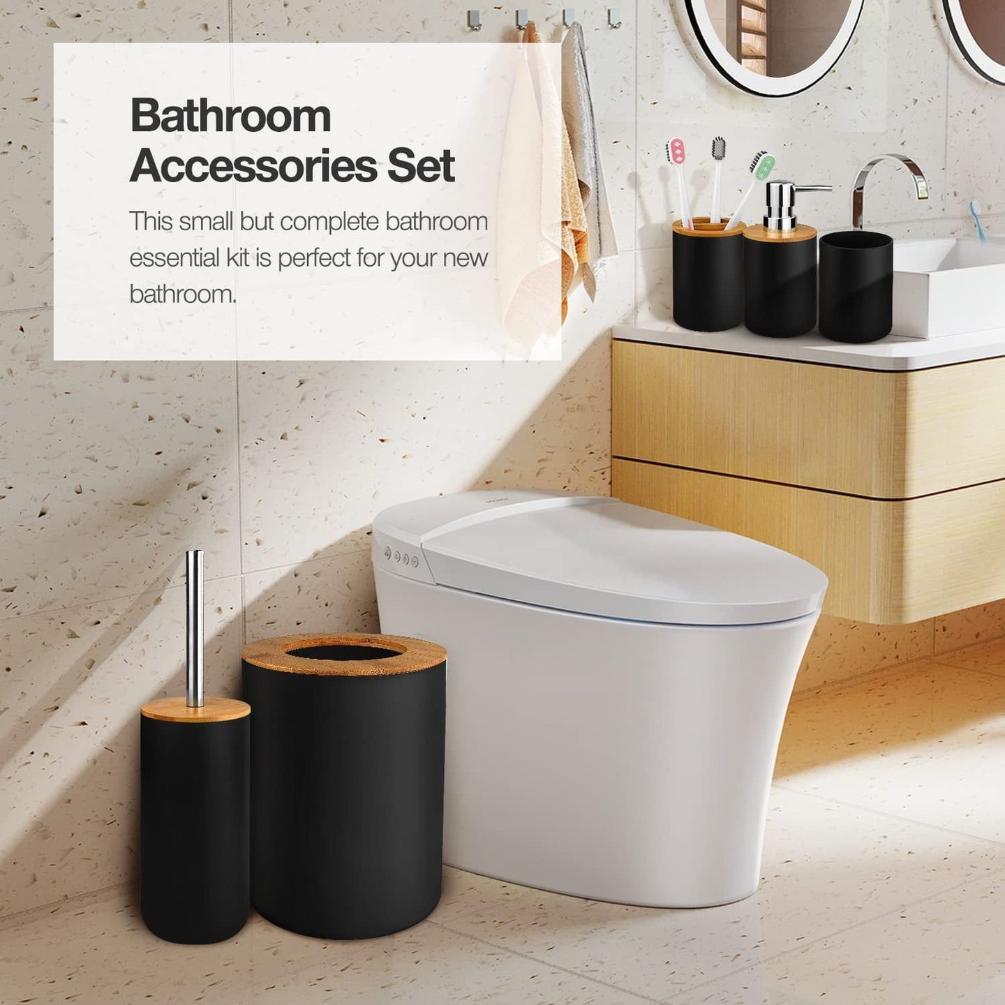 6-Piece Bamboo & Plastic Bathroom Accessory Set – Black