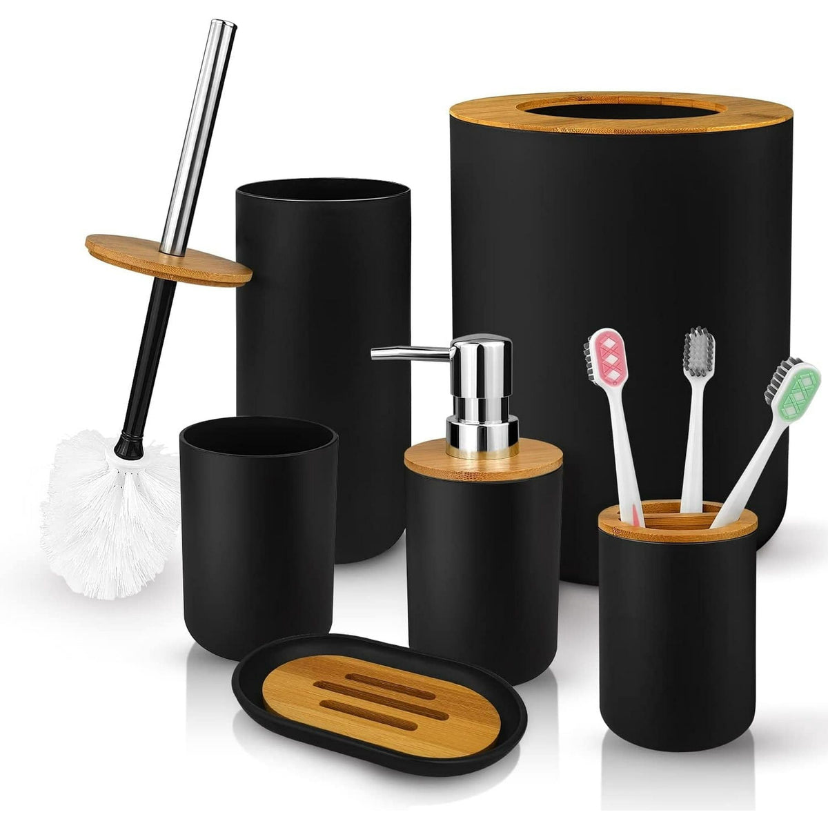 6-Piece Bamboo & Plastic Bathroom Accessory Set – Black