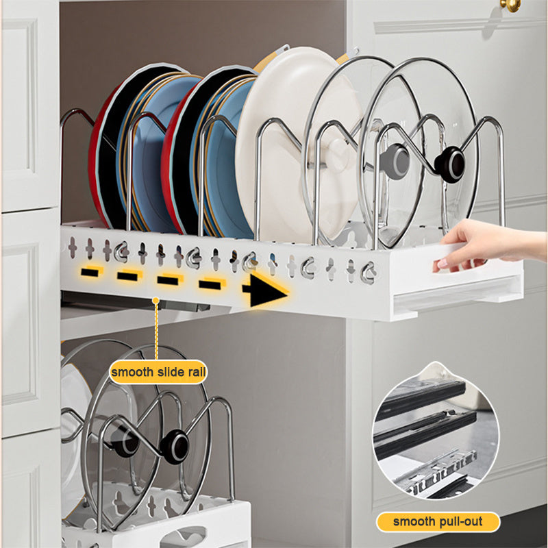 Pull-Out Pots and Pans Organizer – Cabinet Built-In Draining Rack for Lids & Plates, Slide-Out Kitchen Storage Holder