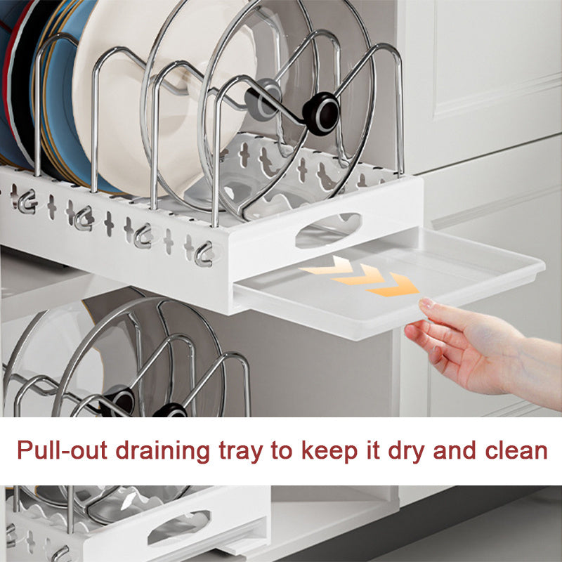 Pull-Out Pots and Pans Organizer – Cabinet Built-In Draining Rack for Lids & Plates, Slide-Out Kitchen Storage Holder