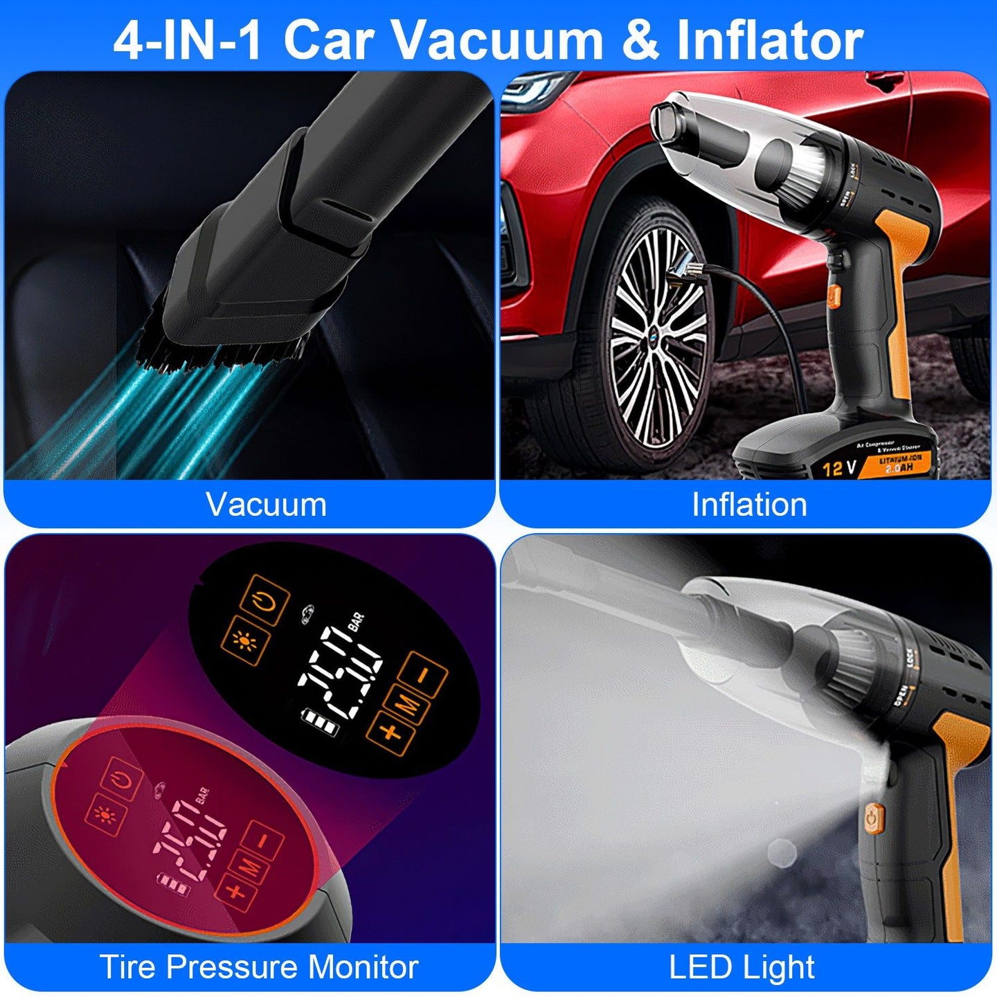 4-in-1 Cordless Car Vacuum & 150PSI Portable Tire Inflator