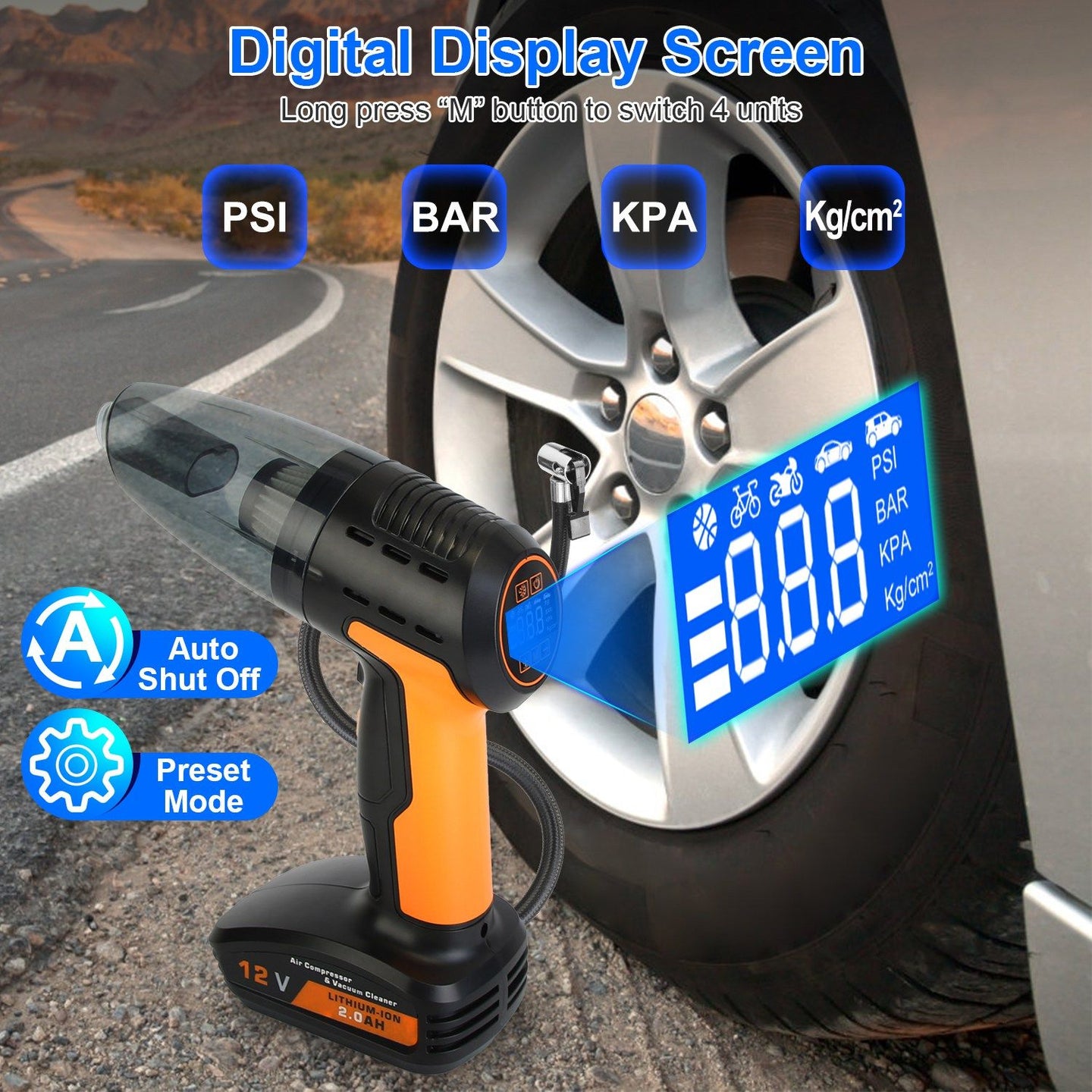 4-in-1 Cordless Car Vacuum & 150PSI Portable Tire Inflator