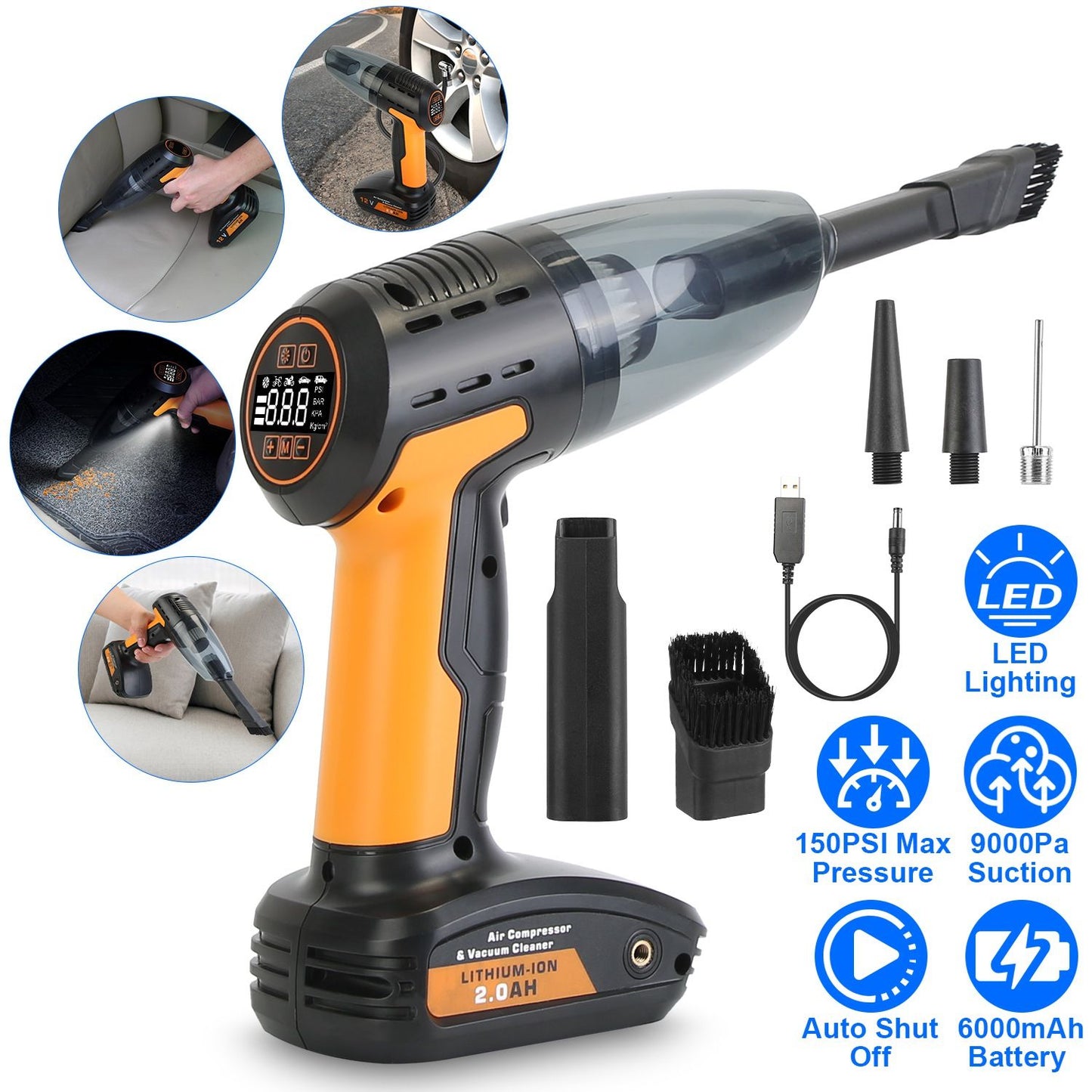 4-in-1 Cordless Car Vacuum & 150PSI Portable Tire Inflator