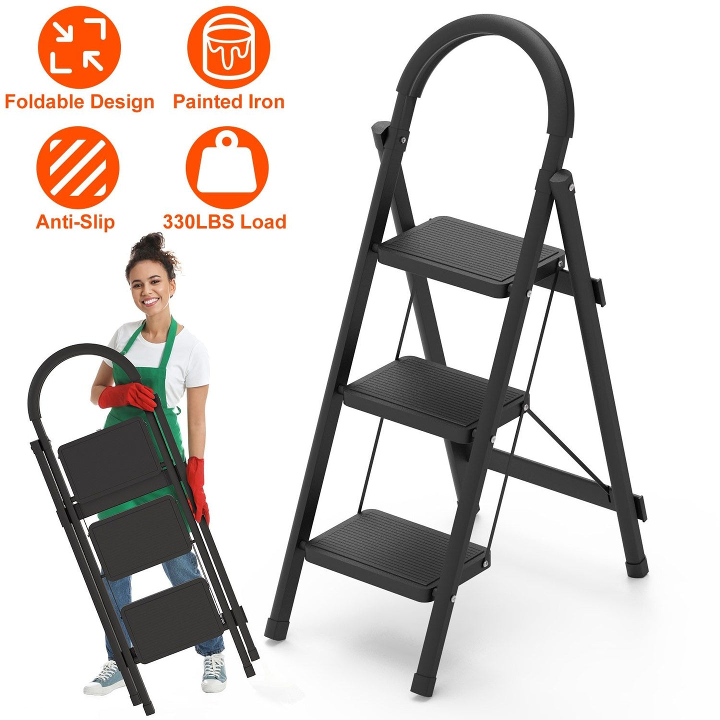 3-Step Folding Ladder 330lbs Capacity, Lightweight Heavy-Duty Steel, Non-Slip Steps, Compact for Home Kitchen Use