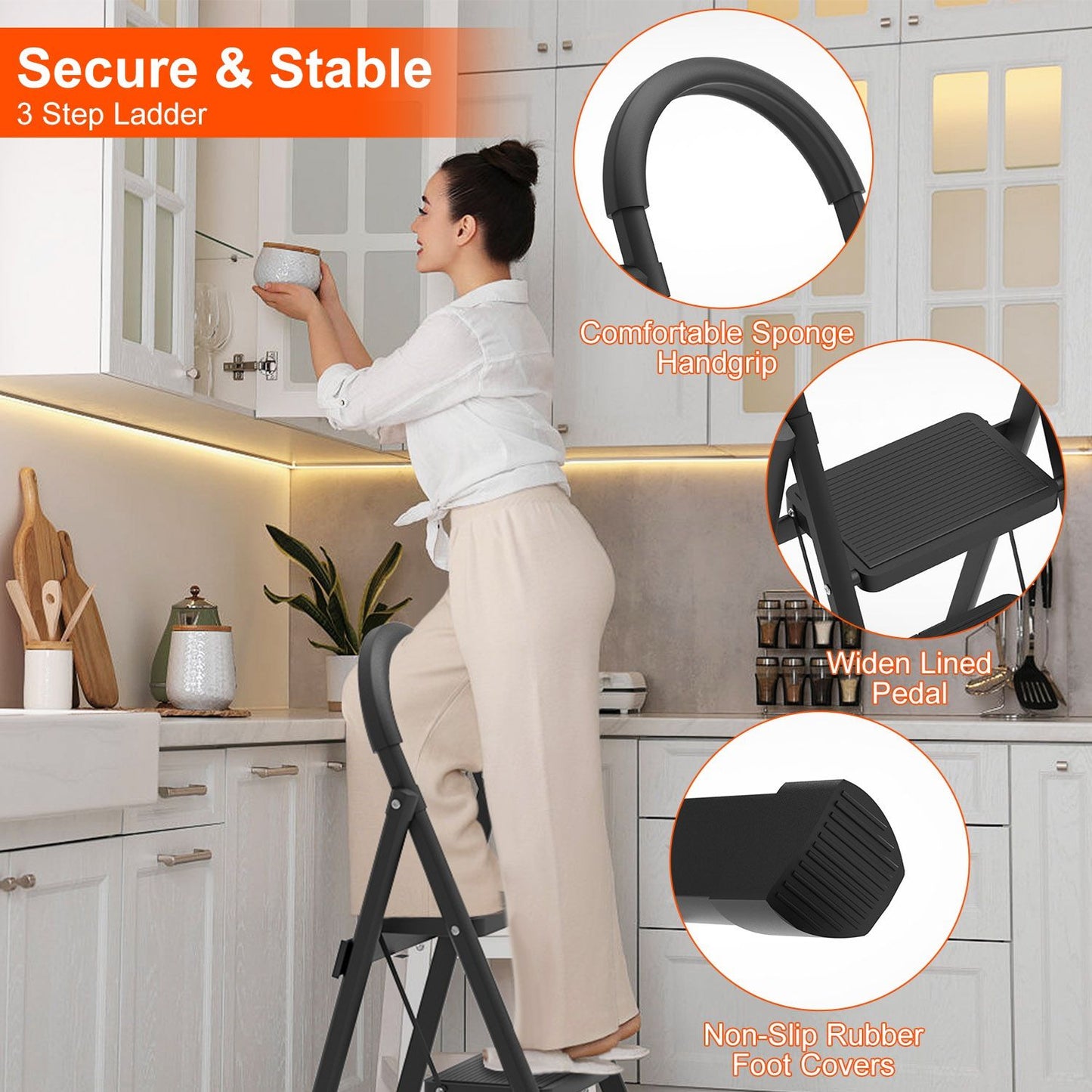 3-Step Folding Ladder 330lbs Capacity, Lightweight Heavy-Duty Steel, Non-Slip Steps, Compact for Home Kitchen Use
