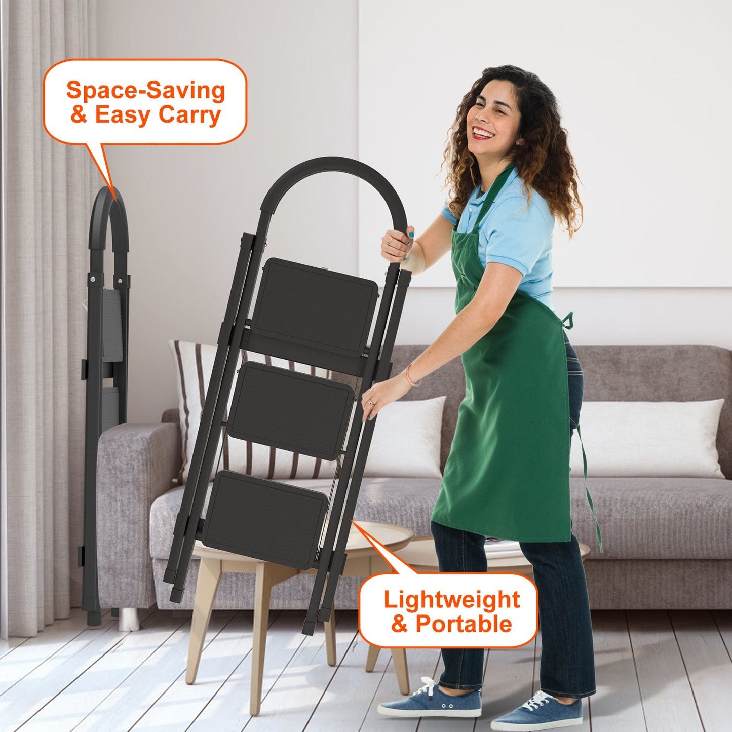 3-Step Folding Ladder 330lbs Capacity, Lightweight Heavy-Duty Steel, Non-Slip Steps, Compact for Home Kitchen Use