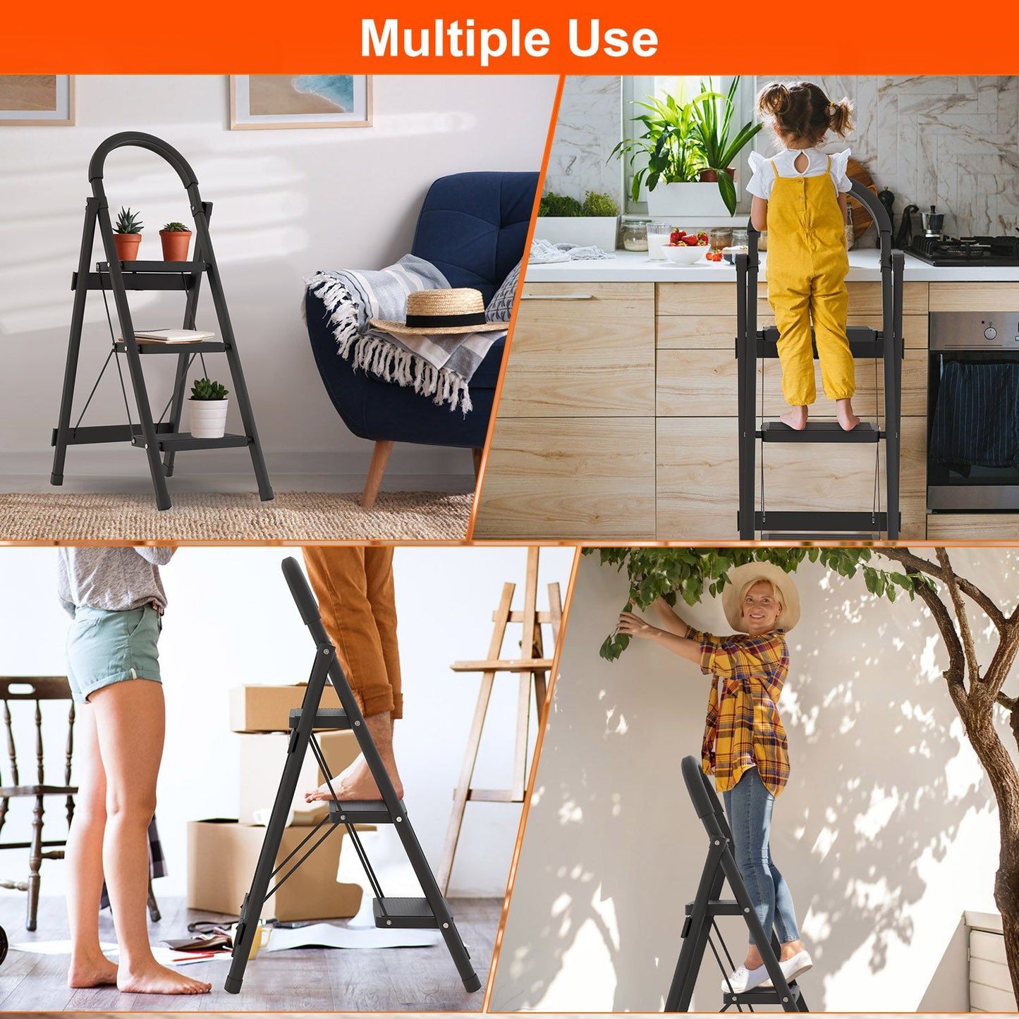 3-Step Folding Ladder 330lbs Capacity, Lightweight Heavy-Duty Steel, Non-Slip Steps, Compact for Home Kitchen Use
