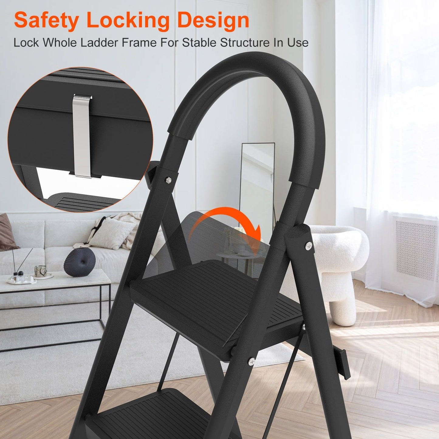 3-Step Folding Ladder 330lbs Capacity, Lightweight Heavy-Duty Steel, Non-Slip Steps, Compact for Home Kitchen Use