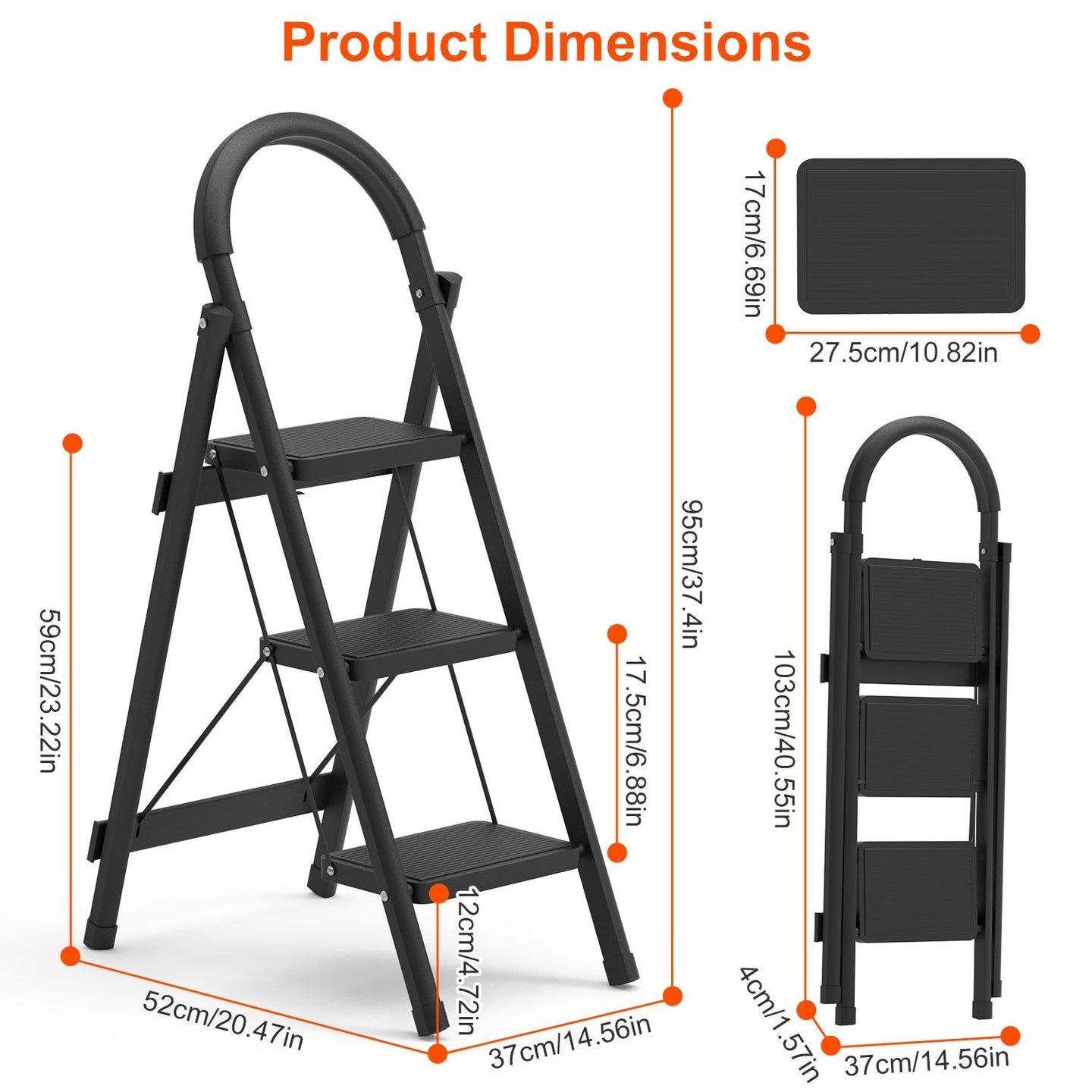 3-Step Folding Ladder 330lbs Capacity, Lightweight Heavy-Duty Steel, Non-Slip Steps, Compact for Home Kitchen Use