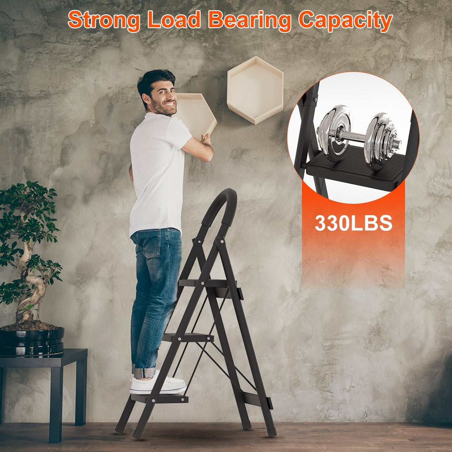 3-Step Folding Ladder 330lbs Capacity, Lightweight Heavy-Duty Steel, Non-Slip Steps, Compact for Home Kitchen Use