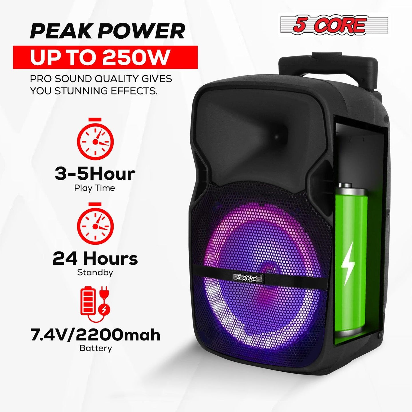 Bluetooth Party Speaker 250W Rechargeable PA System with Lights & 2 Wireless Karaoke Mics