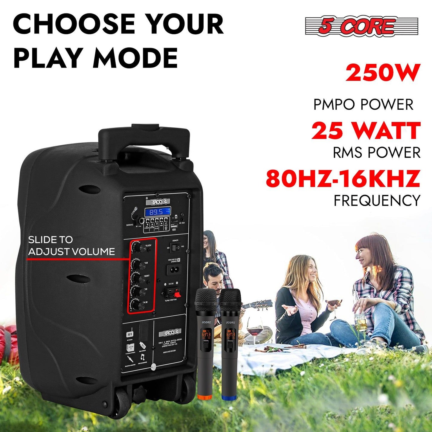 Bluetooth Party Speaker 250W Rechargeable PA System with Lights & 2 Wireless Karaoke Mics