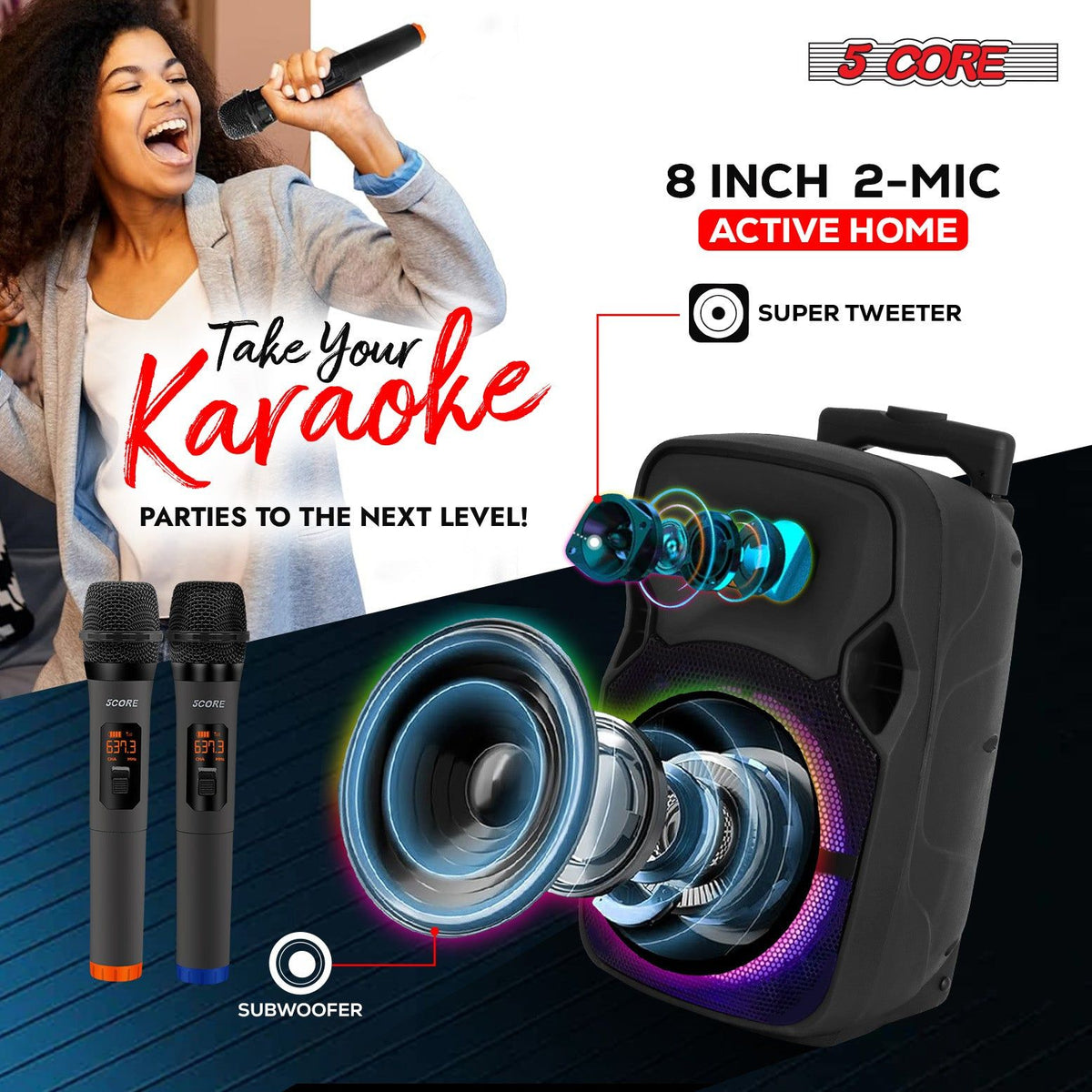 Bluetooth Party Speaker 250W Rechargeable PA System with Lights & 2 Wireless Karaoke Mics