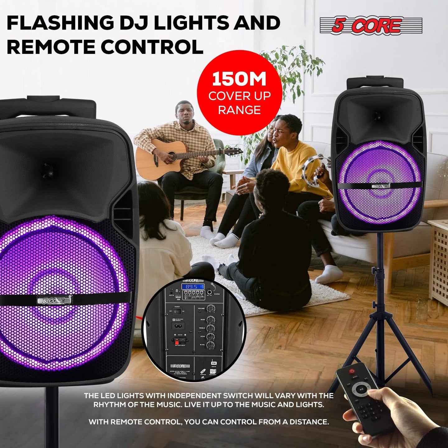 Bluetooth Party Speaker 250W Rechargeable PA System with Lights & 2 Wireless Karaoke Mics
