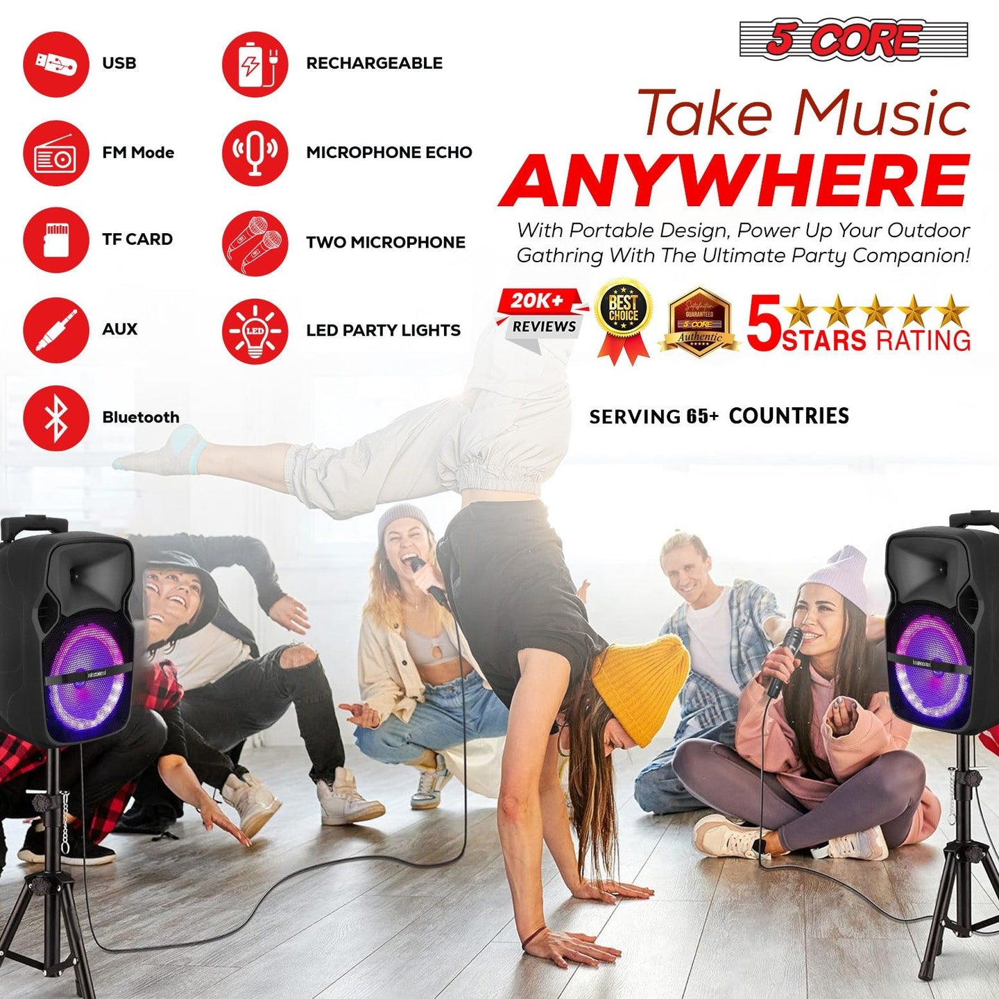 Bluetooth Party Speaker 250W Rechargeable PA System with Lights & 2 Wireless Karaoke Mics