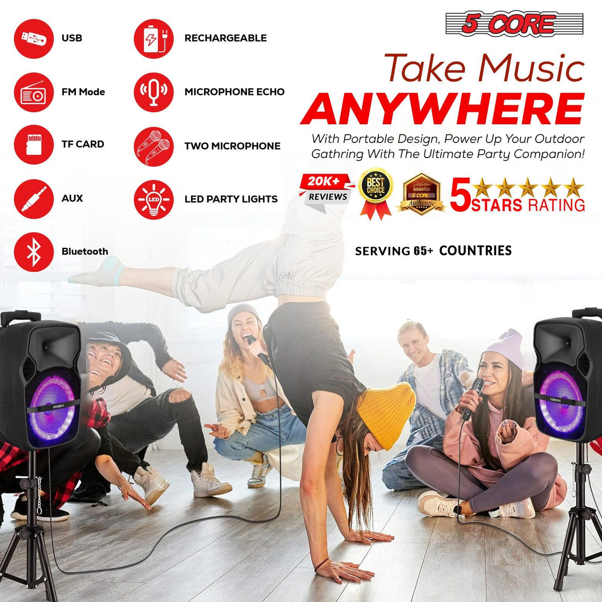 Bluetooth Party Speaker 250W Rechargeable PA System with Lights & 2 Wireless Karaoke Mics