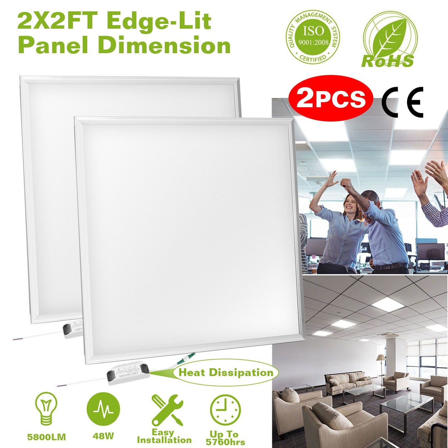 48W 2x2 LED Panel Light - 5800LM Ultra-Bright Ceiling Troffer