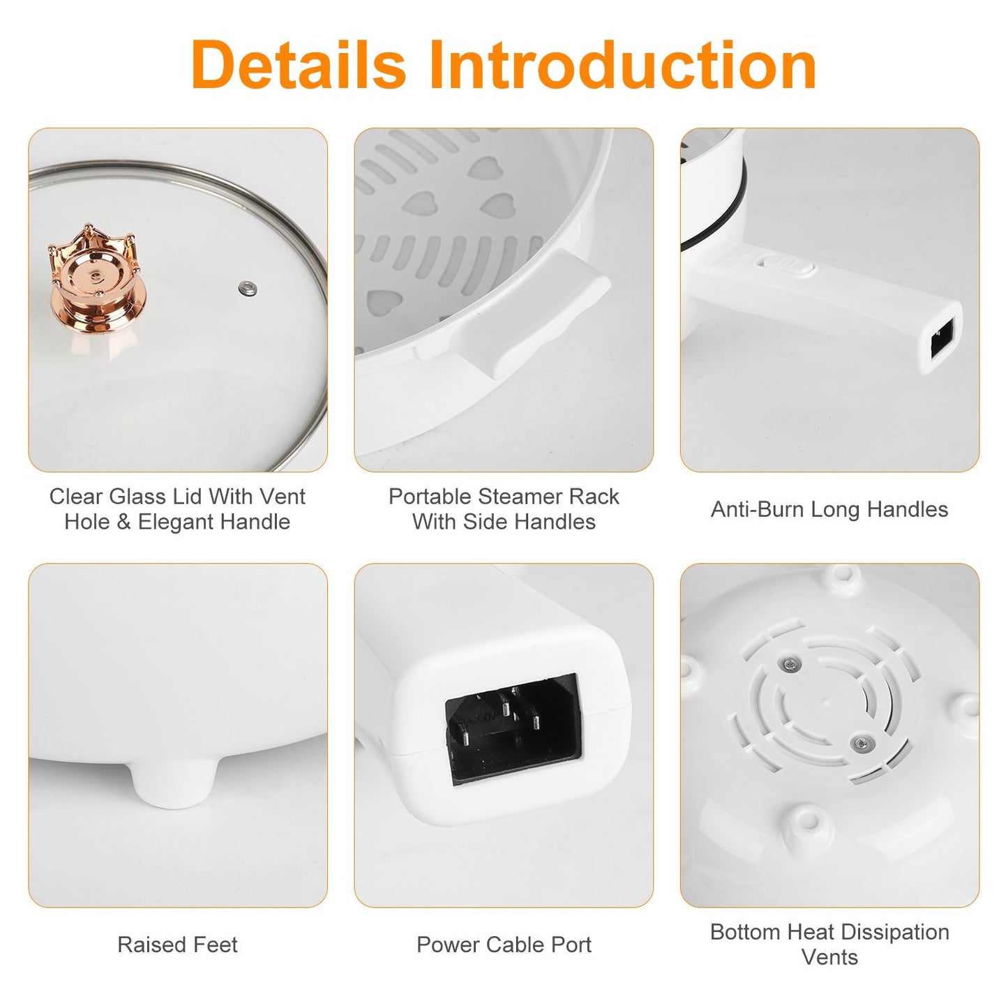 Portable Electric Hot Pot Nonstick Frying Pan Noodle Cooker with Steamer, Dual Power Control