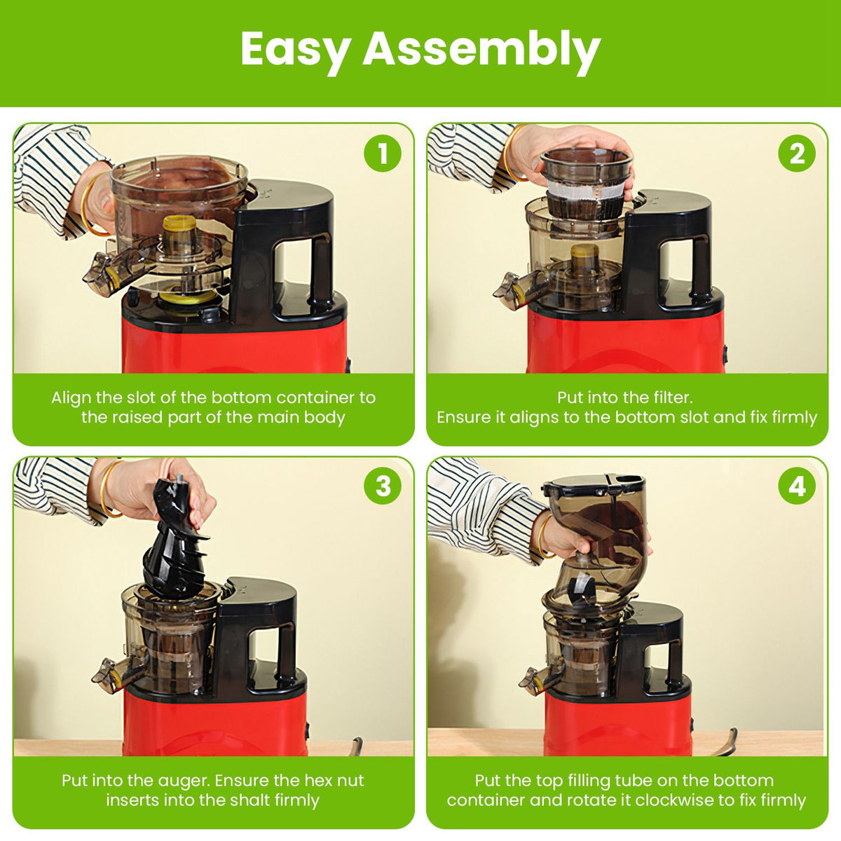 Cold Press Juicer Machine 300W Electric Slow Masticating Juicer for Whole Vegetable and Fruit with Reverse Function 2 Containers Cleaning Brush Clear Marks Easy Cleaning