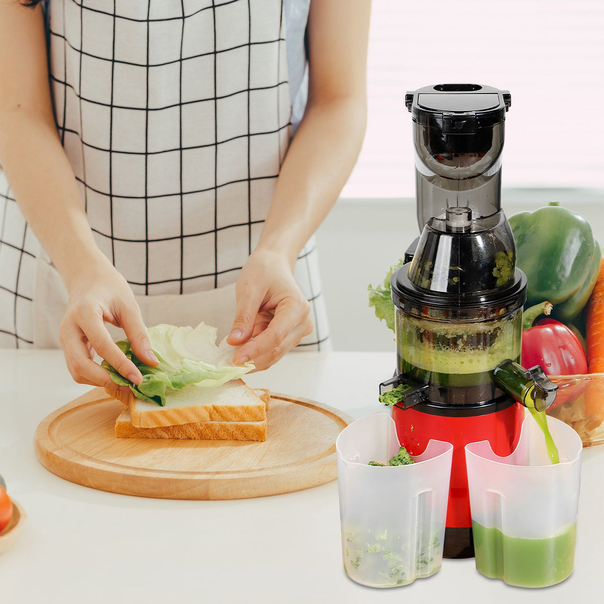 Cold Press Juicer Machine 300W Electric Slow Masticating Juicer for Whole Vegetable and Fruit with Reverse Function 2 Containers Cleaning Brush Clear Marks Easy Cleaning
