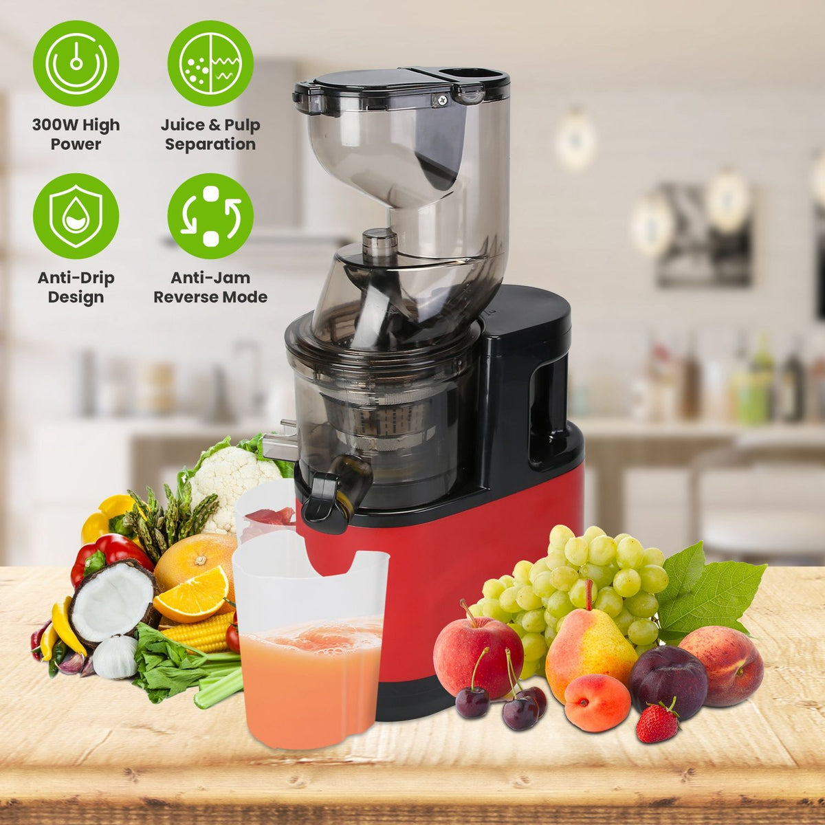 Cold Press Juicer Machine 300W Electric Slow Masticating Juicer for Whole Vegetable and Fruit with Reverse Function 2 Containers Cleaning Brush Clear Marks Easy Cleaning