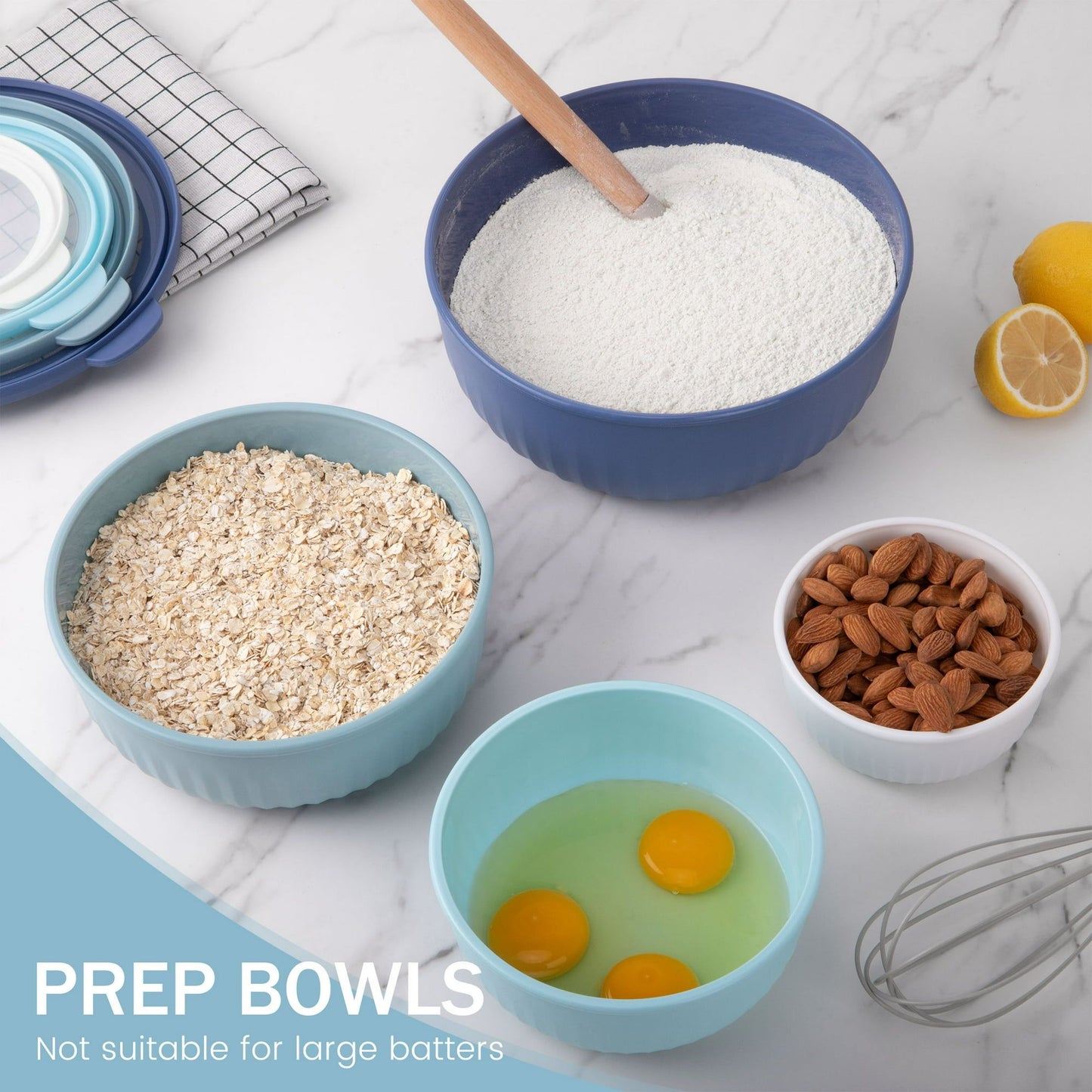 8 Piece Mixing Bowl with Lids Set, Plastic Bowls, Meal Prep Bowl Set, Nesting Mixing Bowls for Space Saving Storage, Ideal for Cooking, Baking, Food Prep, Dishwasher Safe - Wide Bowls, Blue