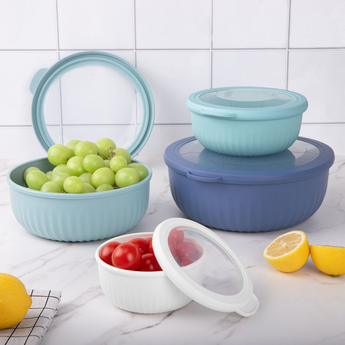 8 Piece Mixing Bowl with Lids Set, Plastic Bowls, Meal Prep Bowl Set, Nesting Mixing Bowls for Space Saving Storage, Ideal for Cooking, Baking, Food Prep, Dishwasher Safe - Wide Bowls, Blue