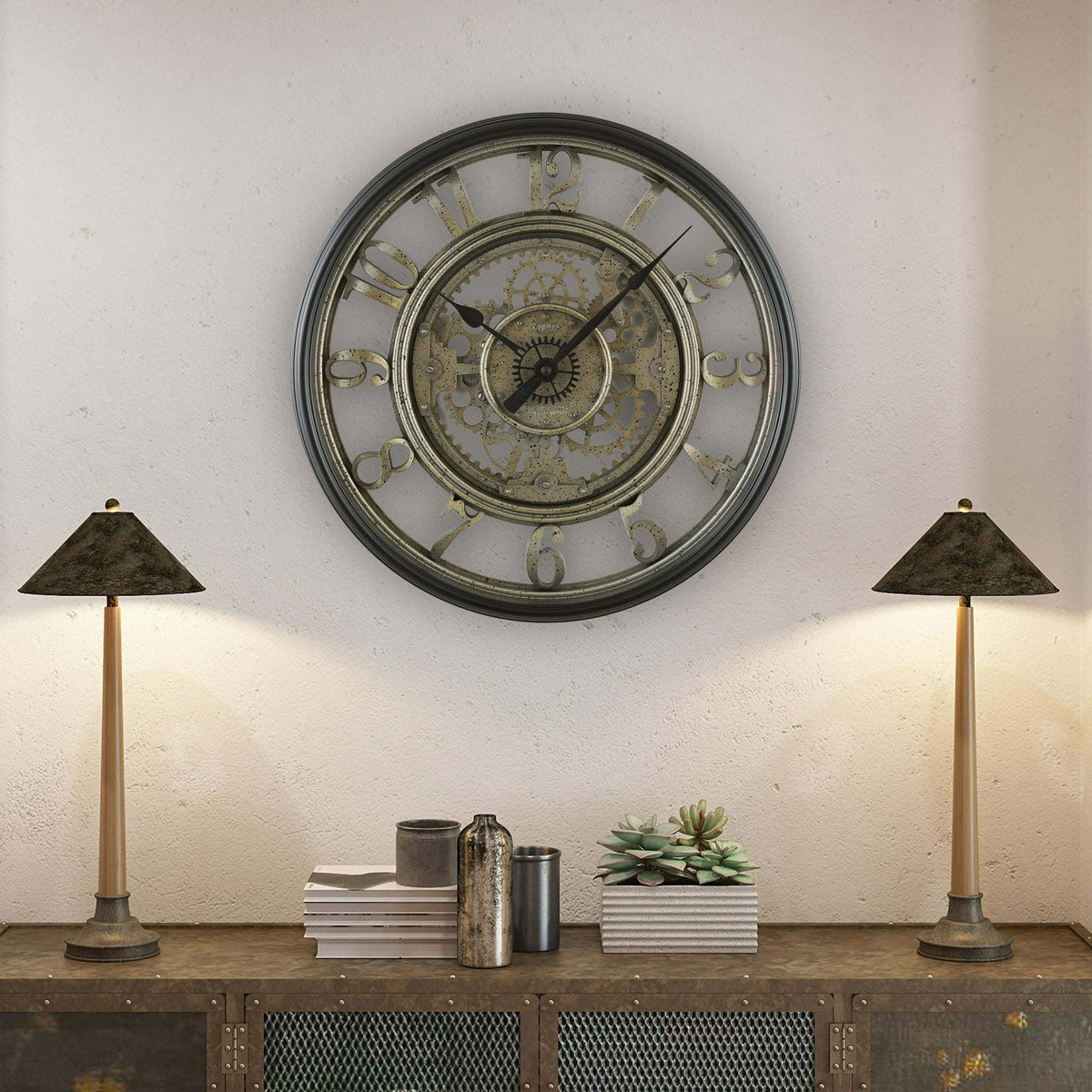 20” Rustic Metal Gear Wall Clock – Indoor Analog Arabic Numerals, Industrial Steampunk Design