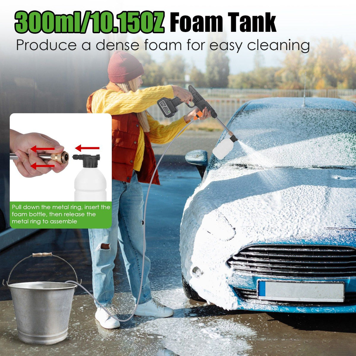 300W Cordless Pressure Washer 400PSI, 3-4H Charging 15Mins Working Time, Handheld Power Washer with Foam Bottle & Adjustable Nozzles for Multi-Scene Cleaning