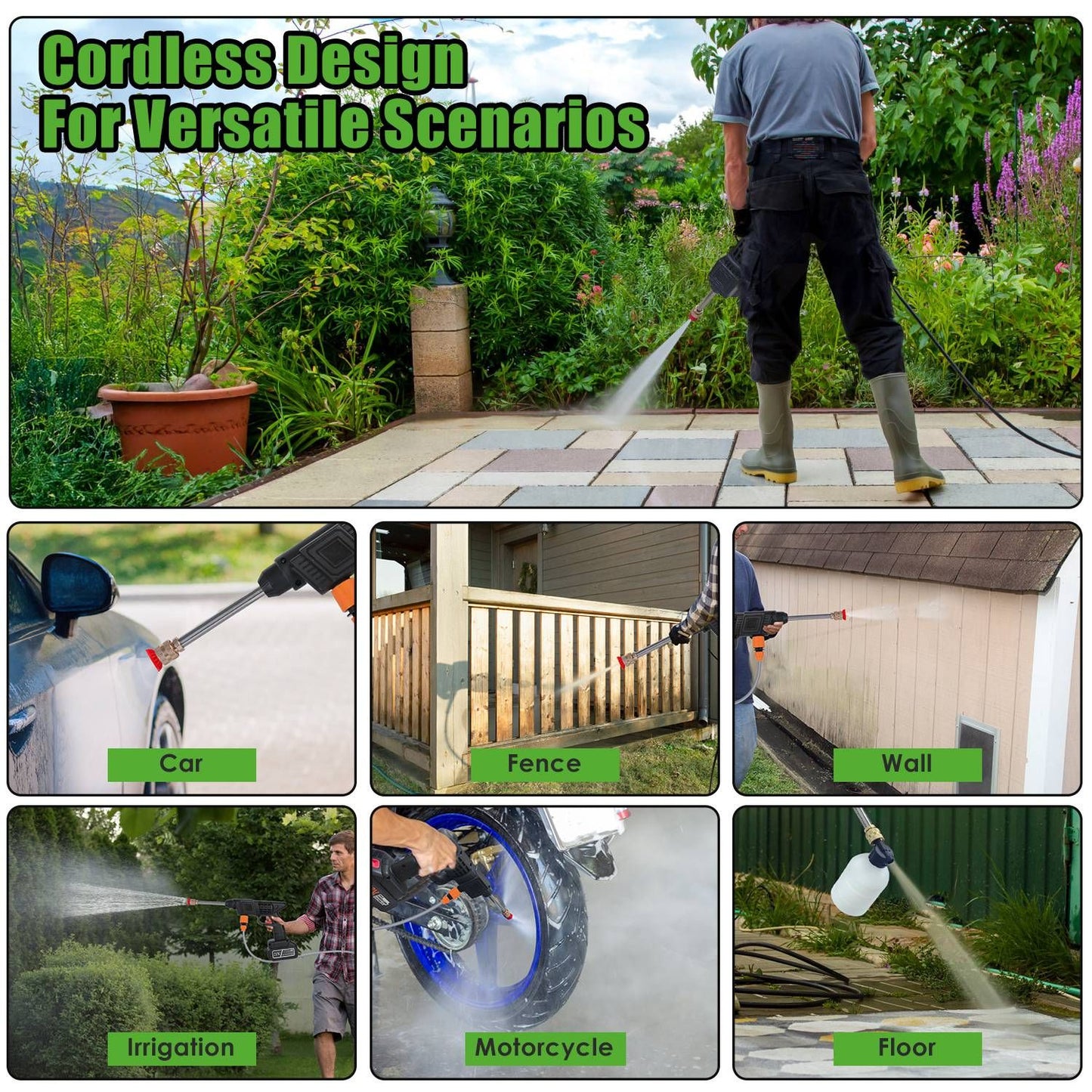 Cordless 300W Pressure Washer, 400 PSI Portable Power Cleaner with Foam Bottle