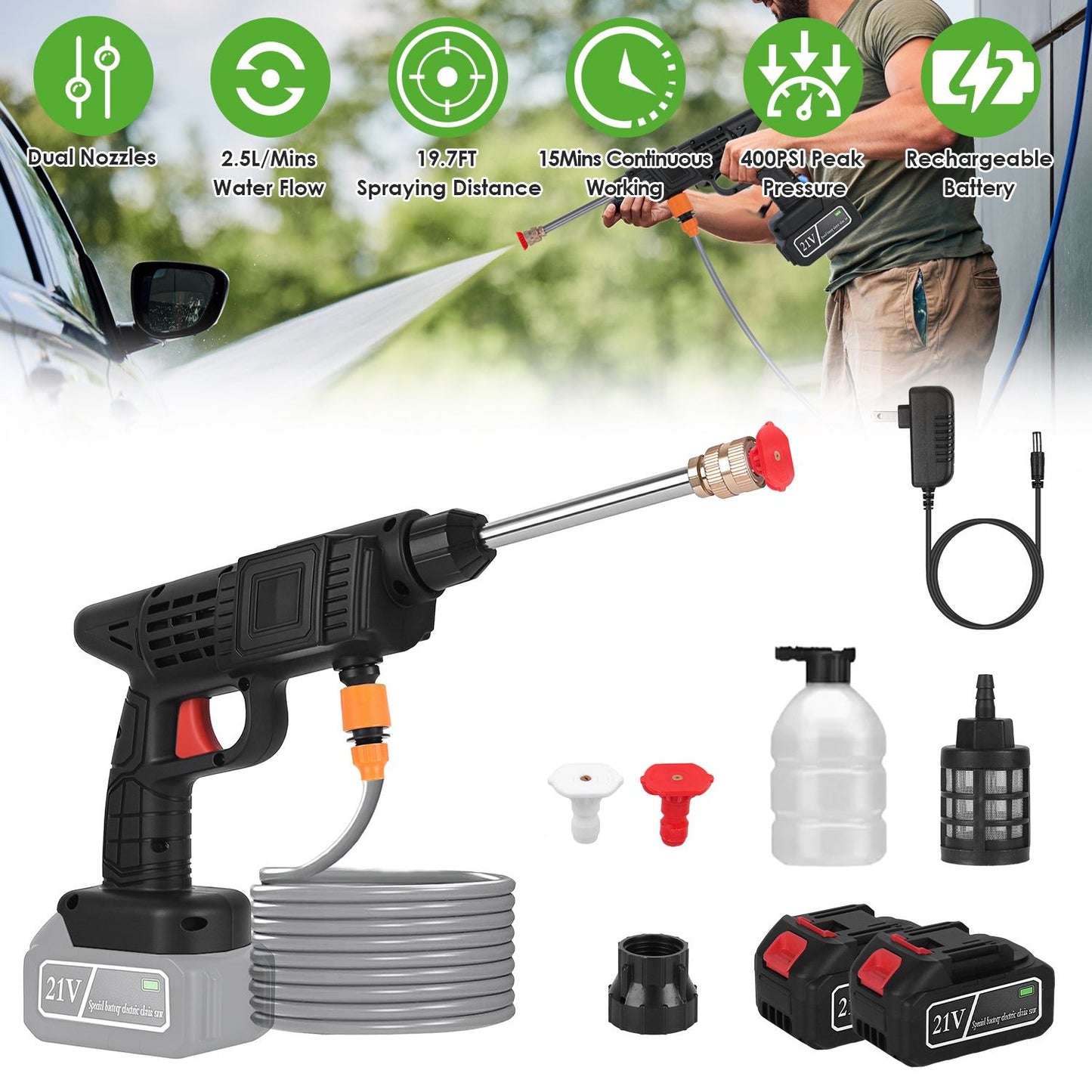 Cordless 300W Pressure Washer, 400 PSI Portable Power Cleaner with Foam Bottle